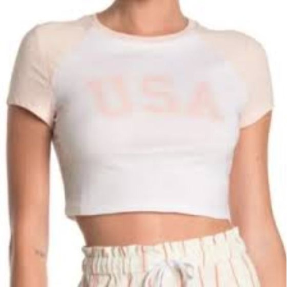 Abound Women's USA Graphic Print Short Sleeve Crew Crop Top Pink Creole/White LG